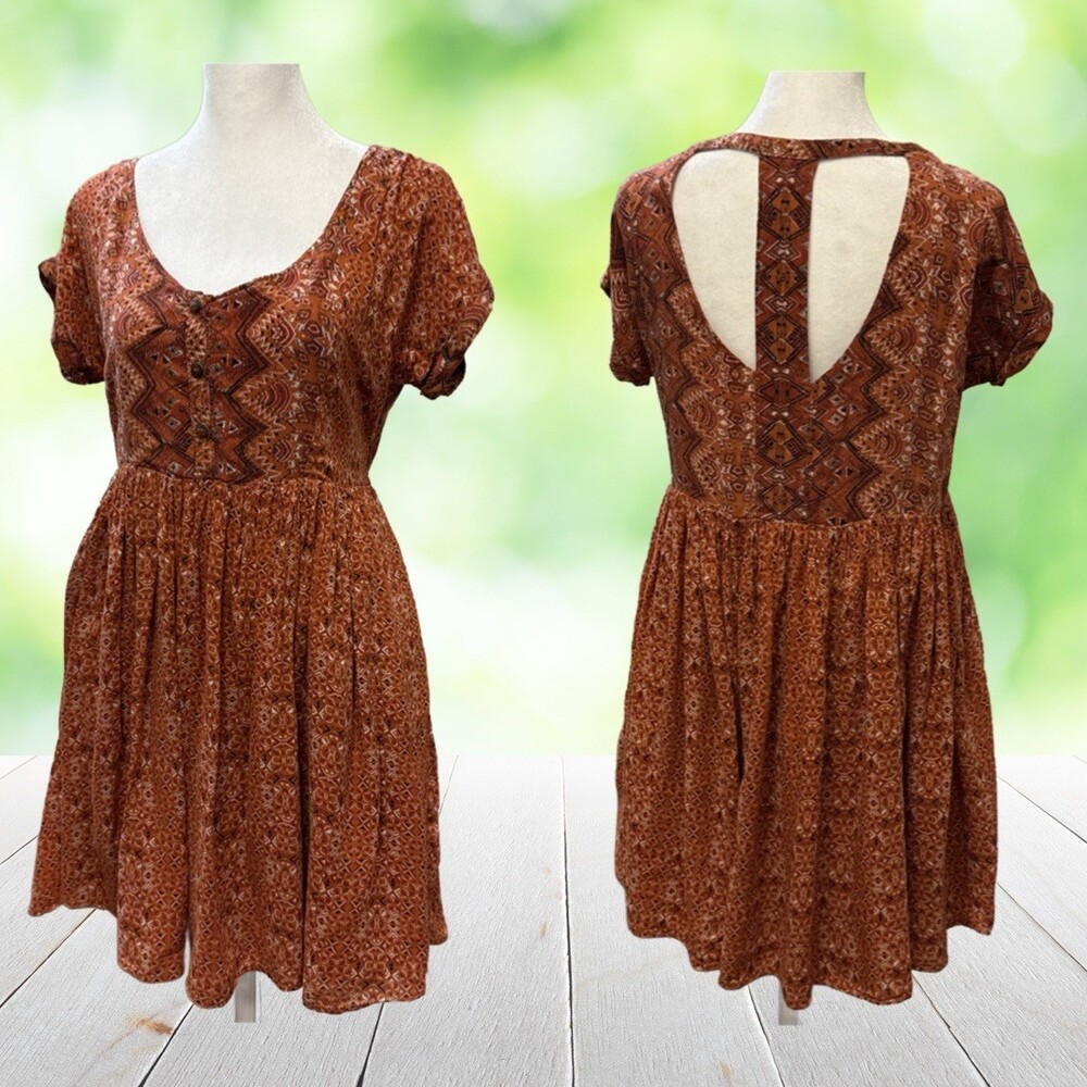 FREE PEOPLE Dress Mixed Print Open T Back Button Front Pockets Boho Brick Red Si